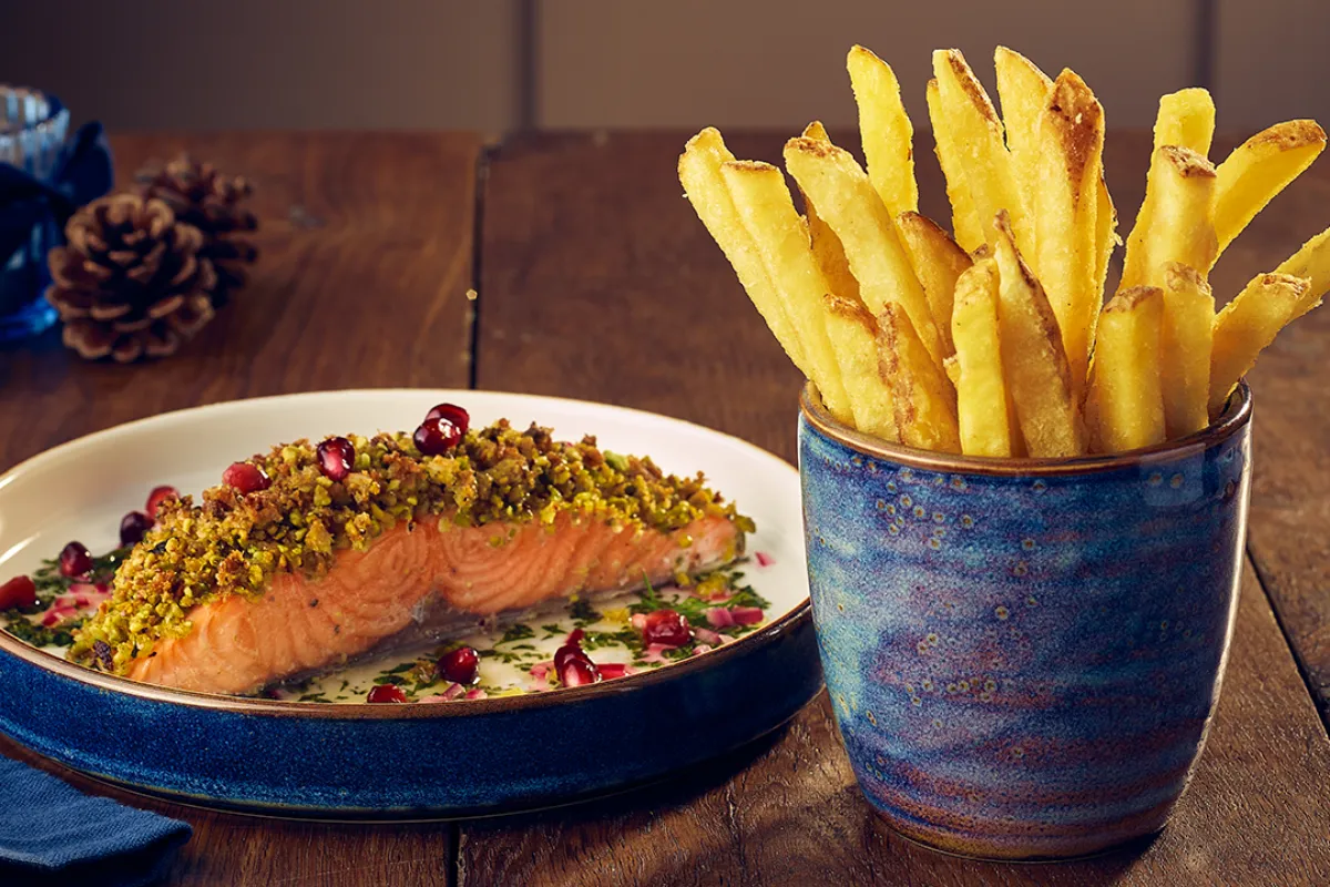 Crunchy Fries & Festive Pistachio-Crusted Salmon with Salsa